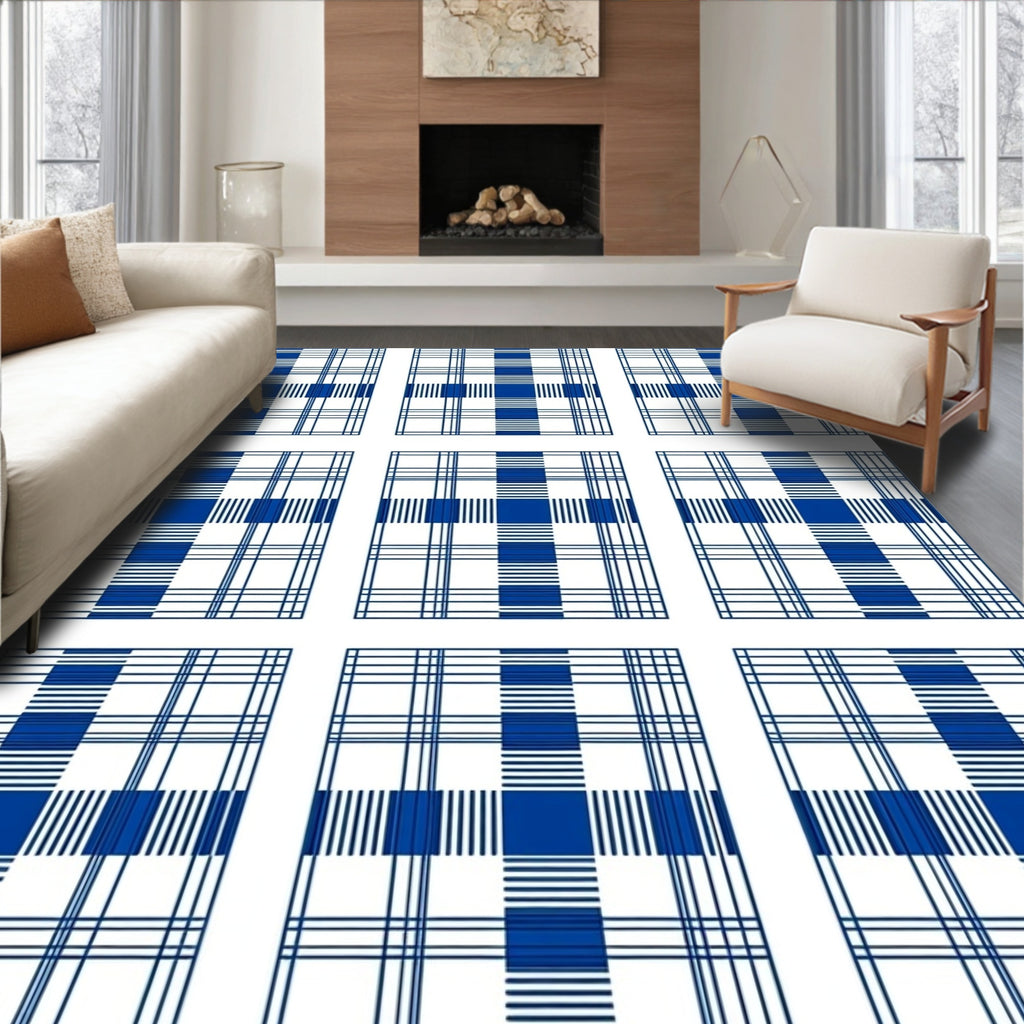 Classic Blue White Gingham Plaid Rug