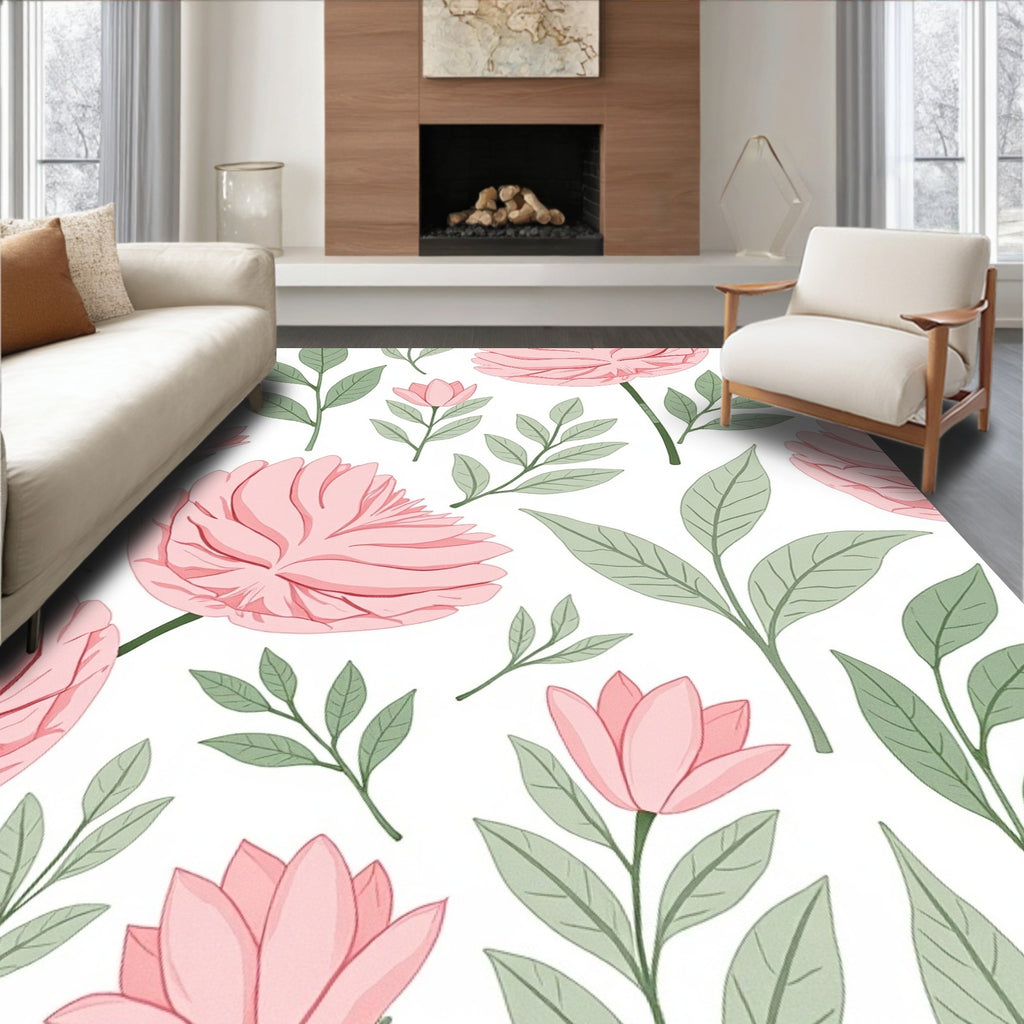 Pink Floral Branches Leaves Pattern Rug