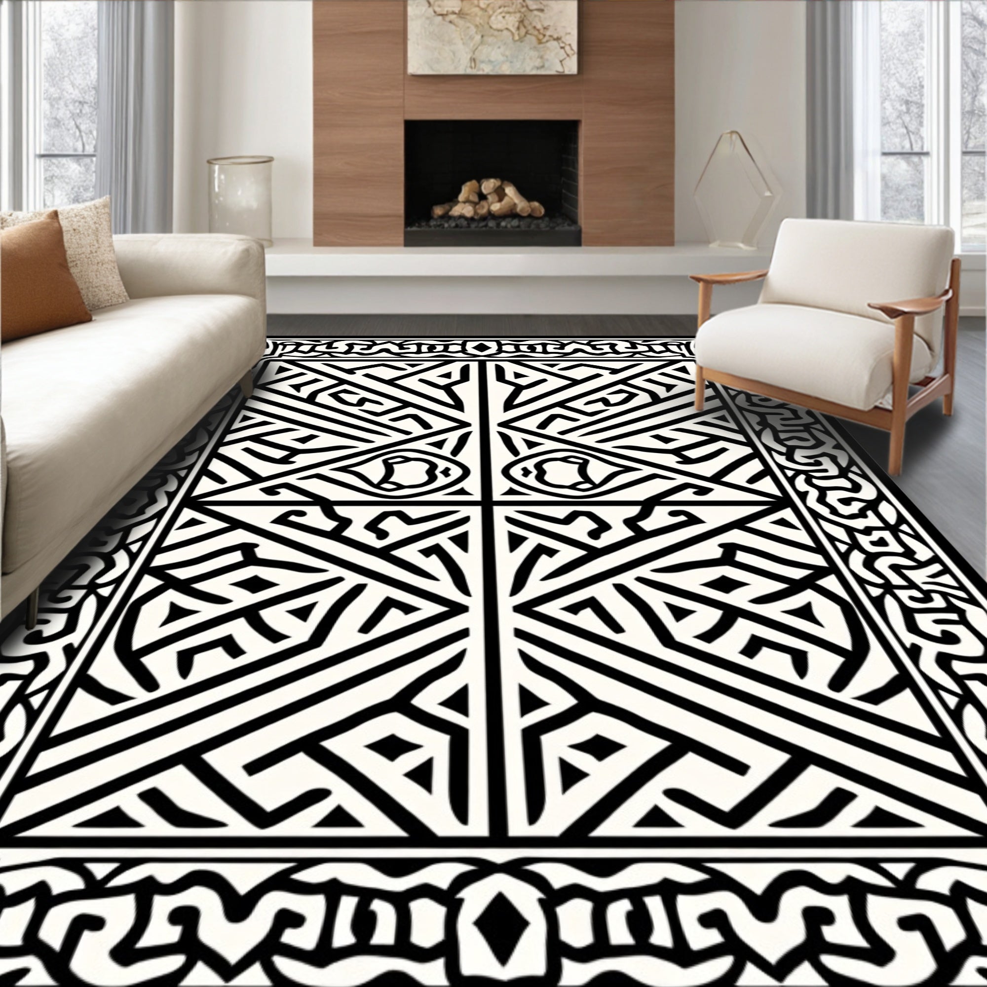Intricate Black and White Geometric Maze Rug