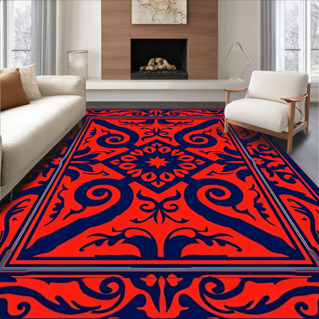 Ornate Red Blue Swirl Design Rug