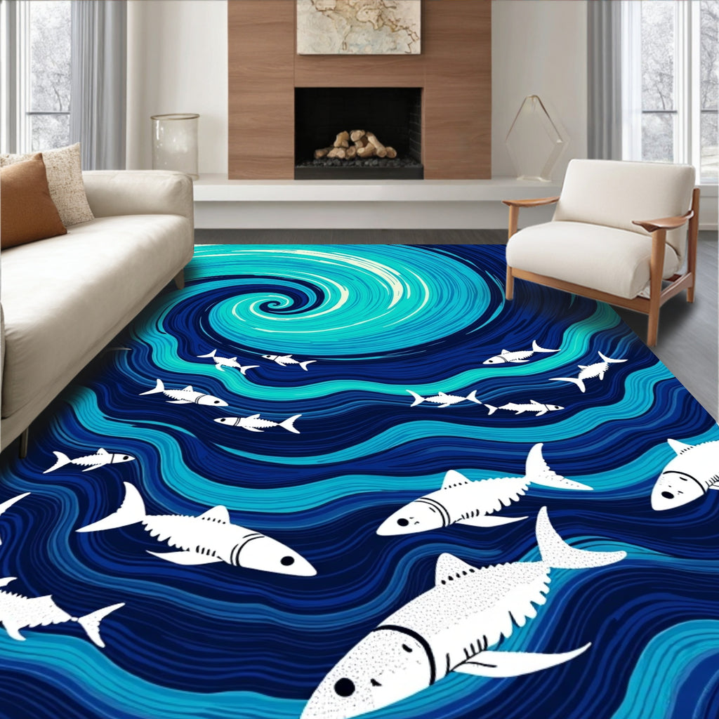Ocean Swirl With Fish School Rug