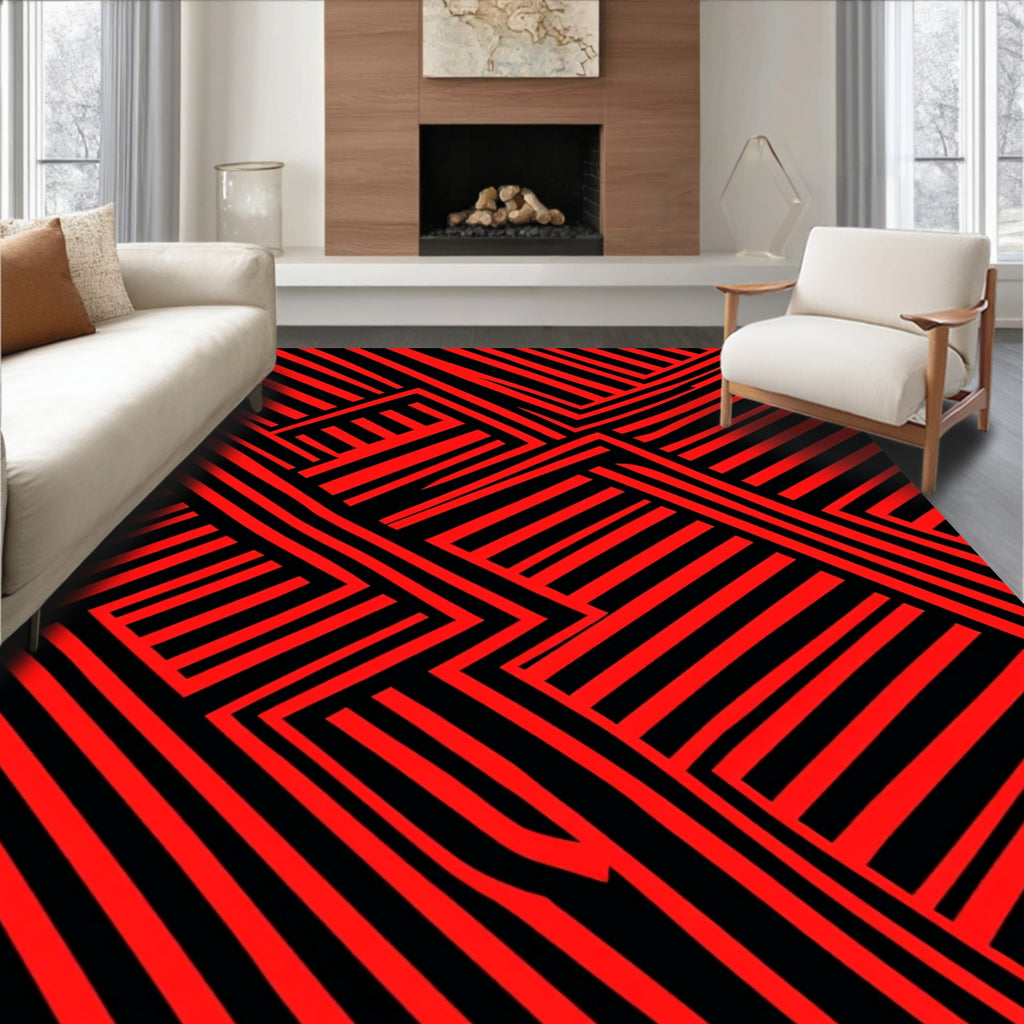 Dynamic Red Black Geometric Stripes Rug