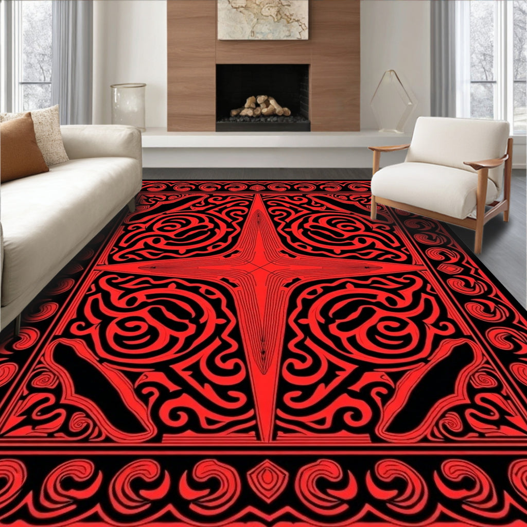 Intricate Red Black Abstract Star Rug
