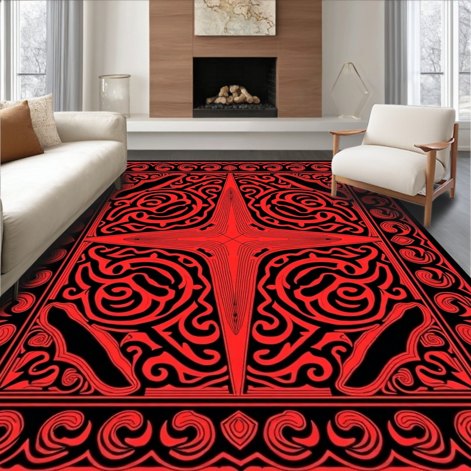 Intricate Red Black Abstract Star Rug