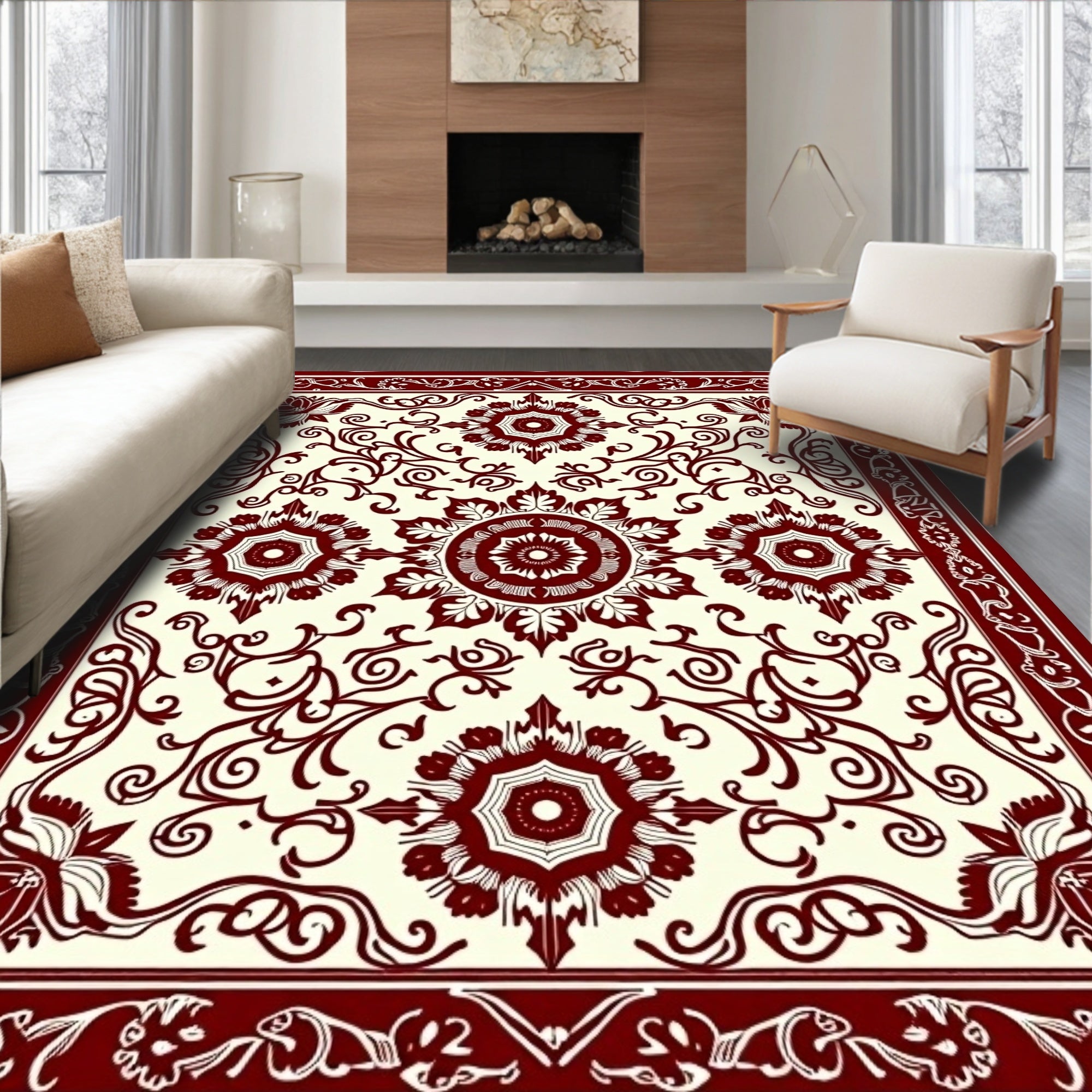 Dark Red Floral Mandala Patterned Rug