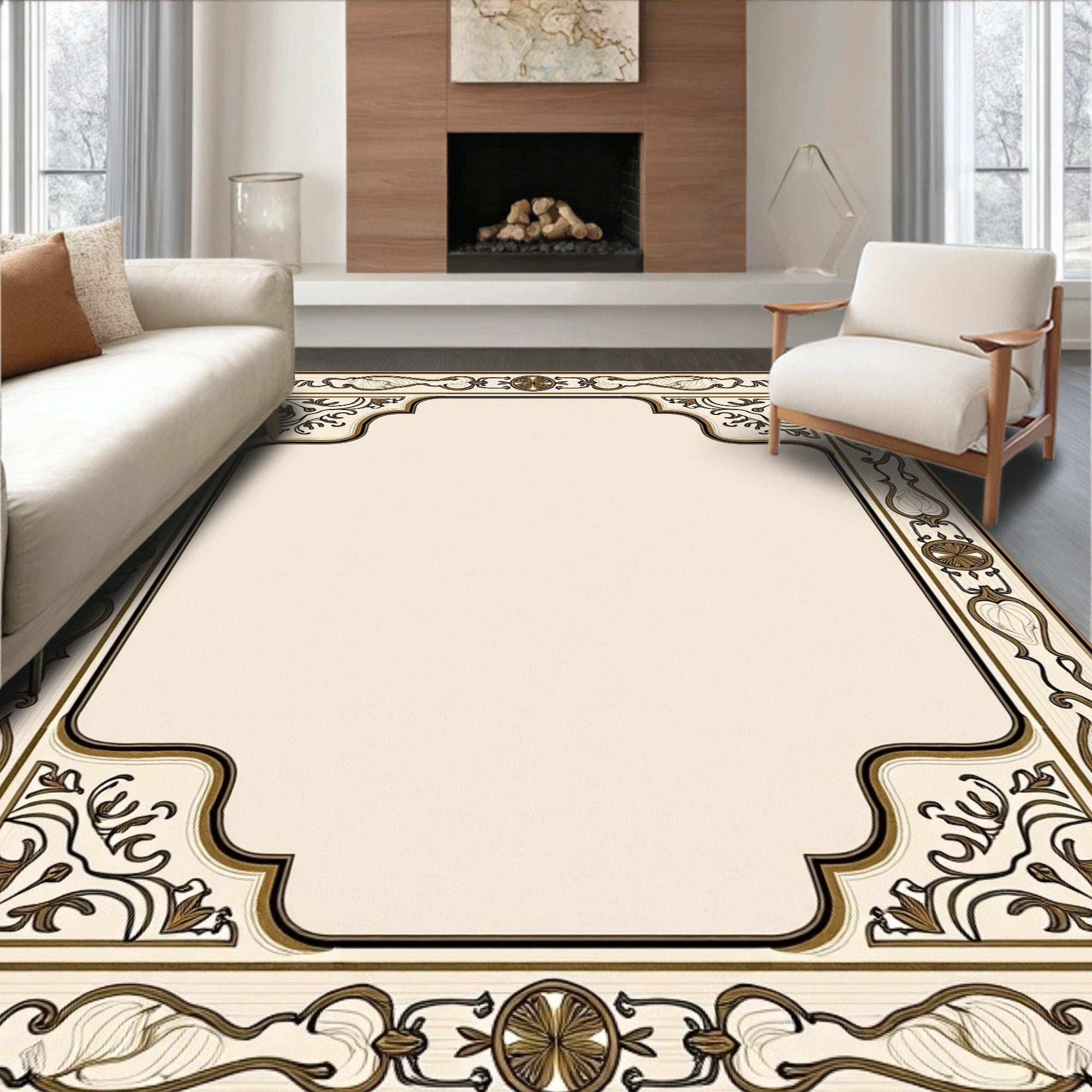 Elegant Art Nouveau Floral Border Rug