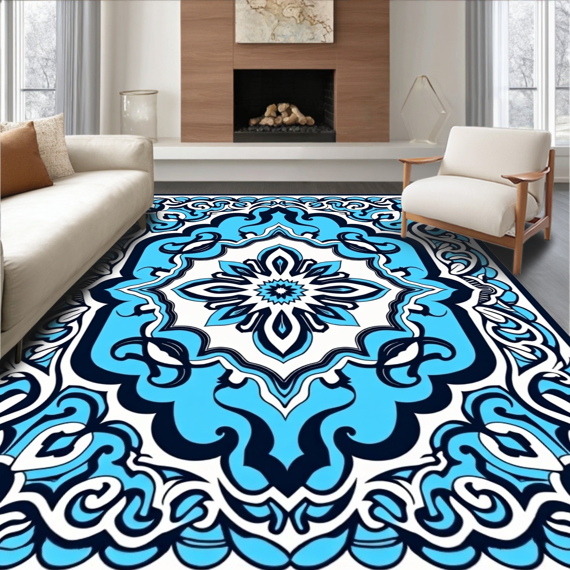 Azure Navy Floral Medallion Pattern Rug