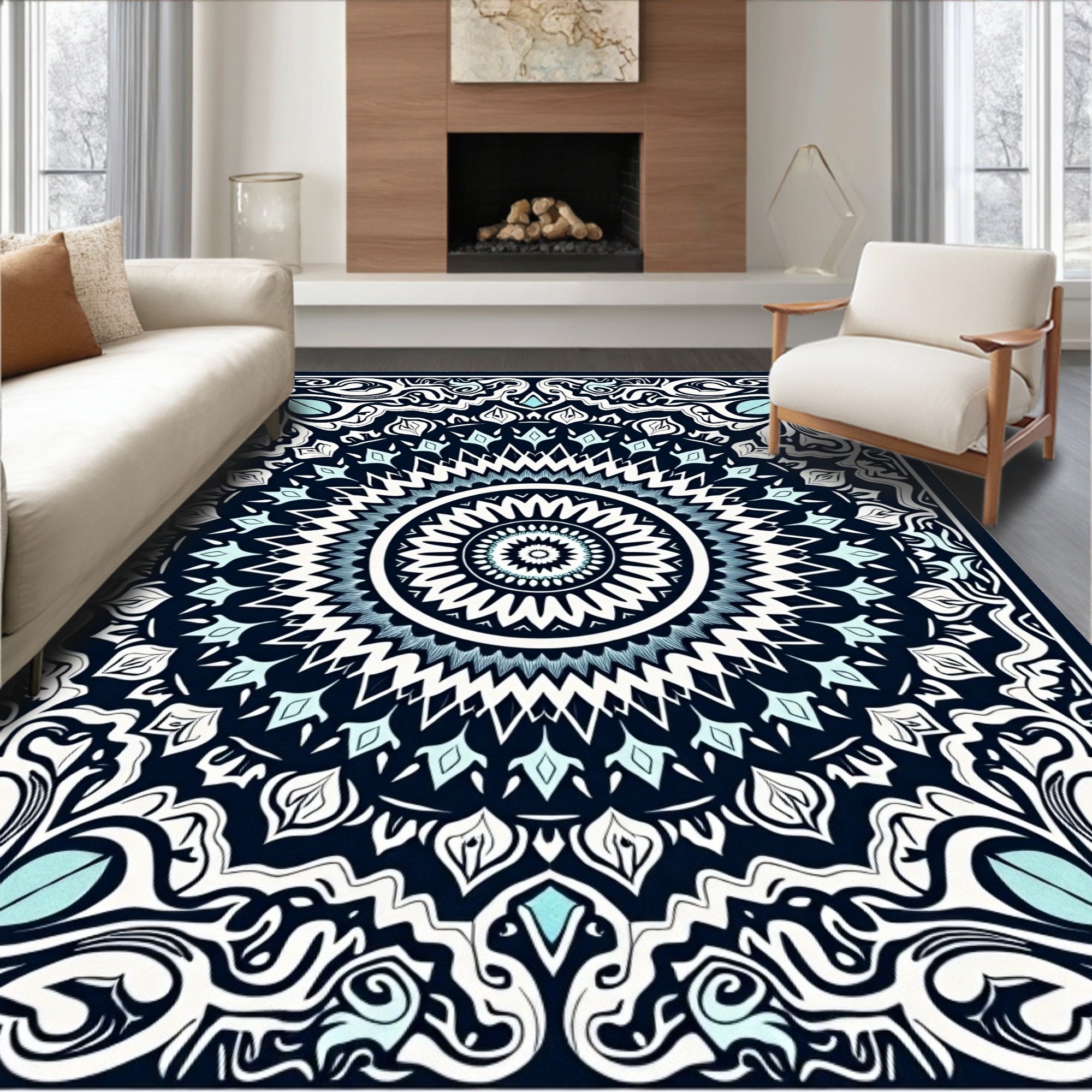 Intricate Blue White Floral Mandala Design Rug