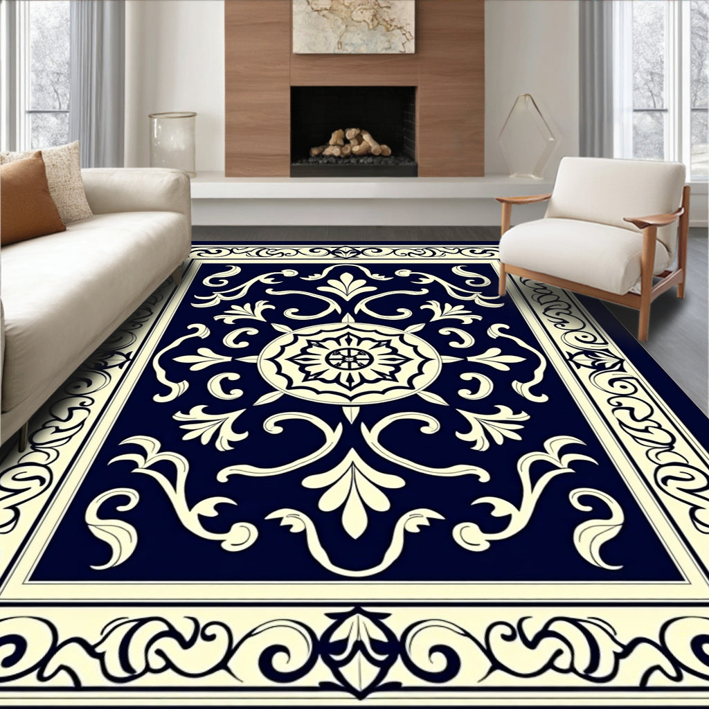 Naval Cream Intricate Scrollwork Pattern Rug