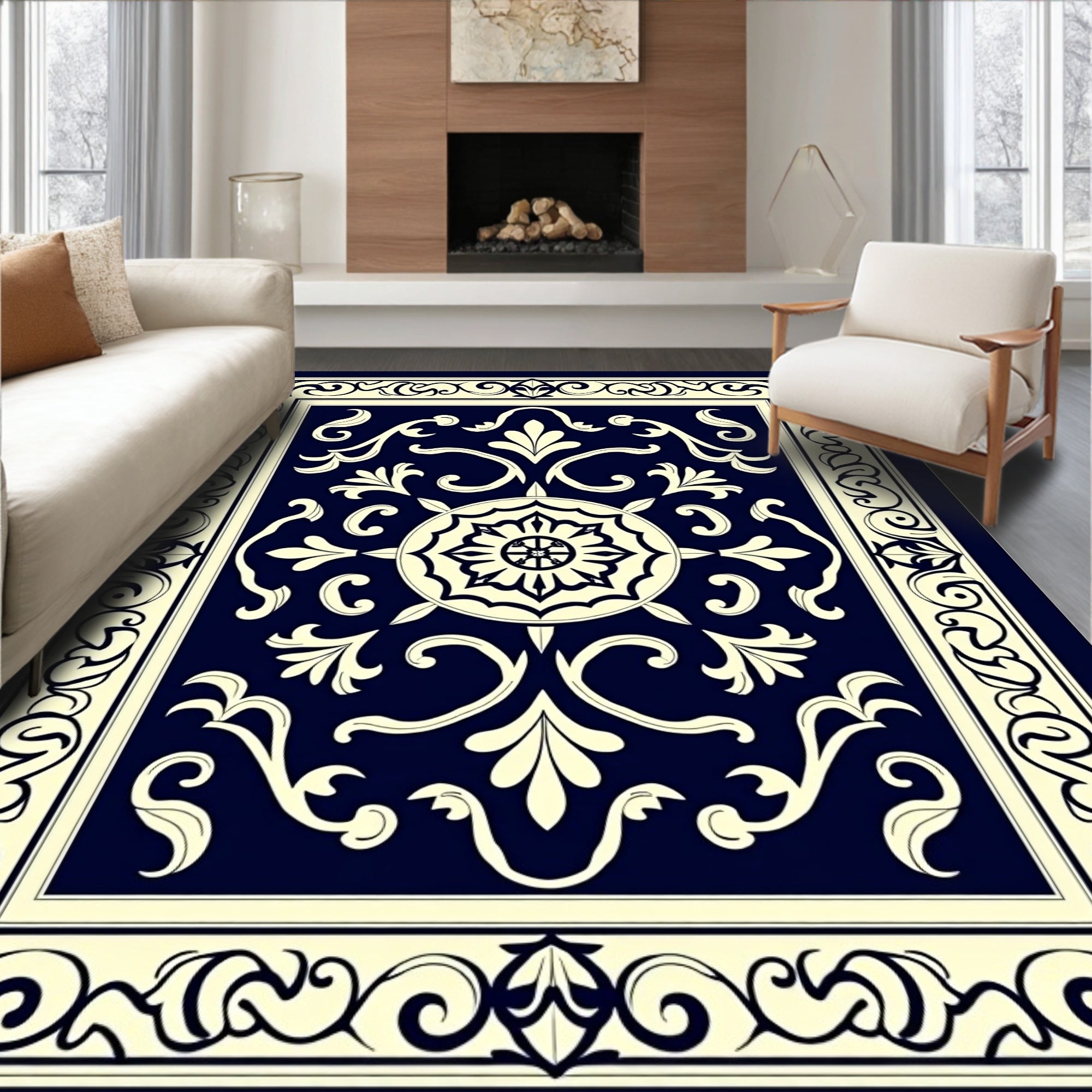 Naval Cream Intricate Scrollwork Pattern Rug