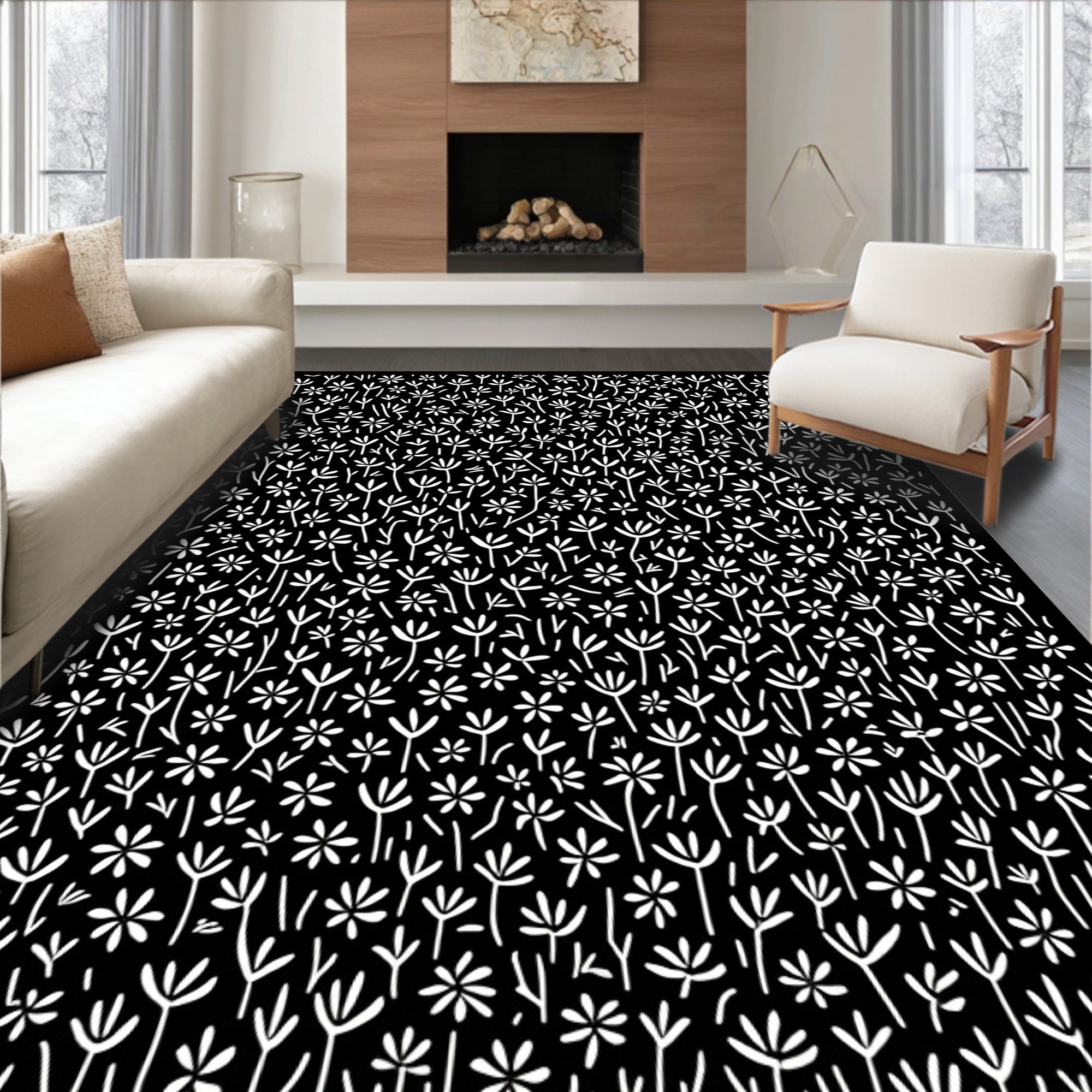 Chic White Floral Patterned Rug