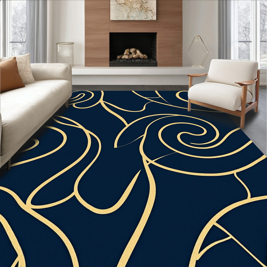 Gold Swirls on Deep Blue Canvas Rug