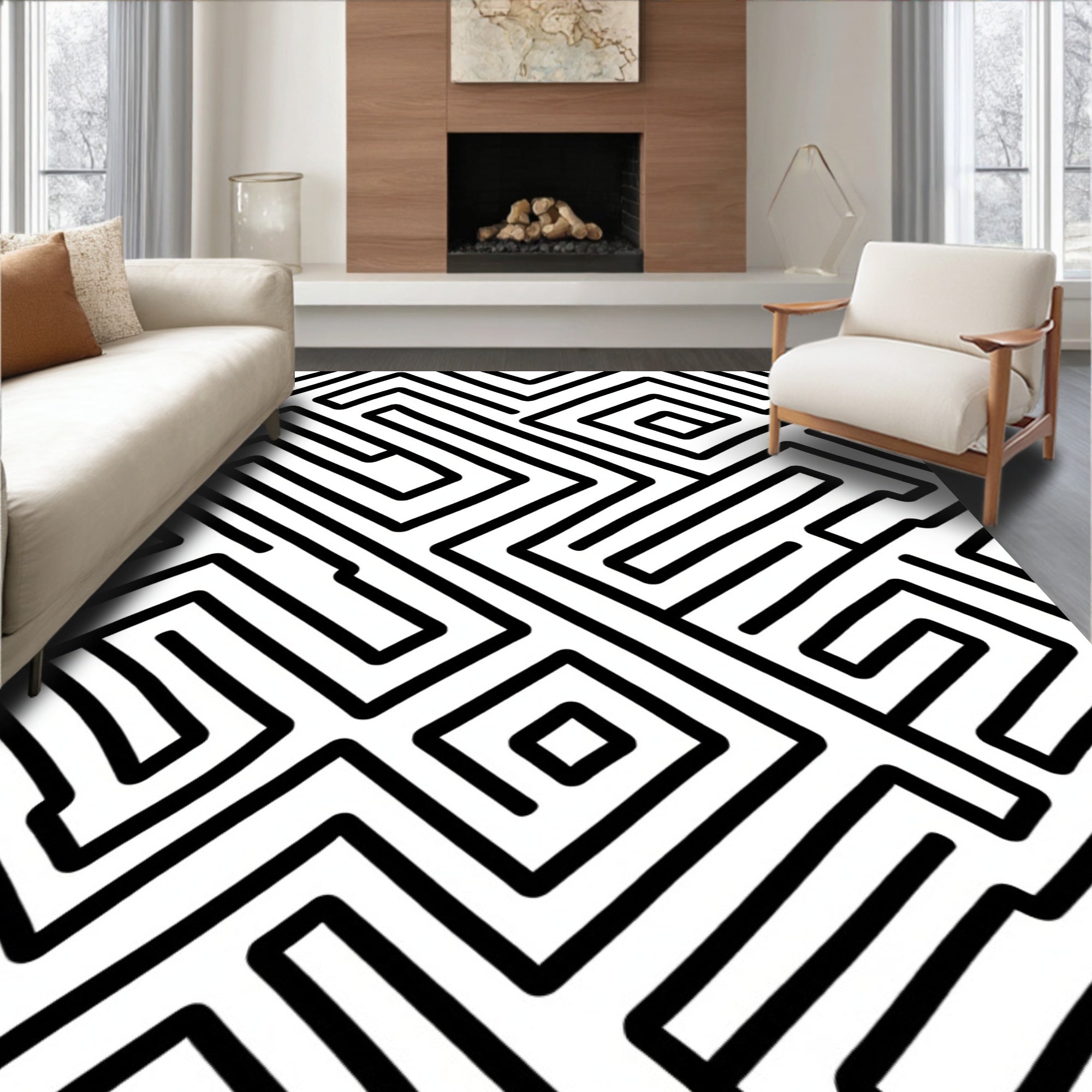 Bold Black Maze Pattern Design Rug