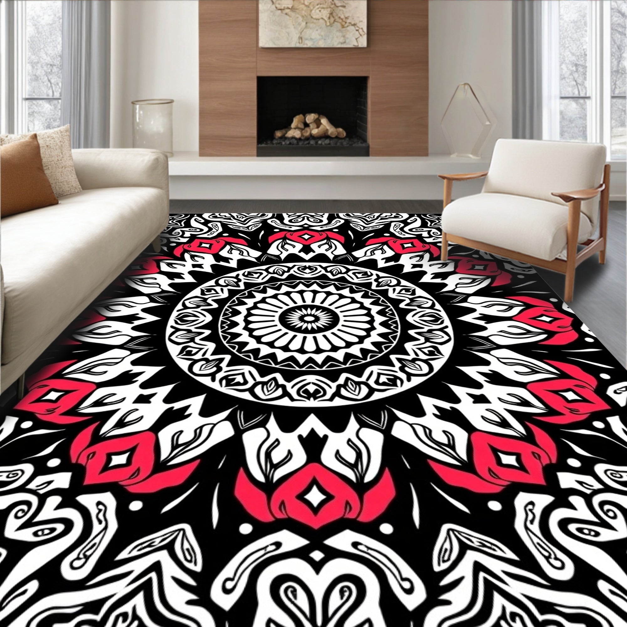 Intricate Black Red Floral Mandala Design Rug