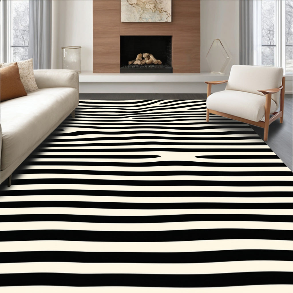 Wavy Black And Cream Stripe Design Rug