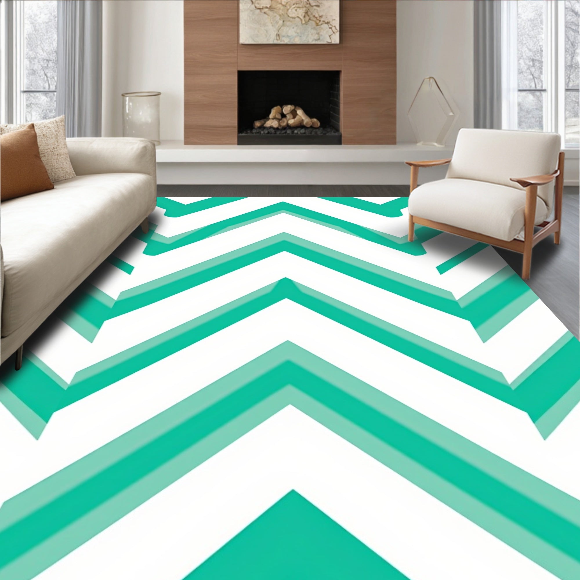 Modern Teal Chevron Pattern Rug