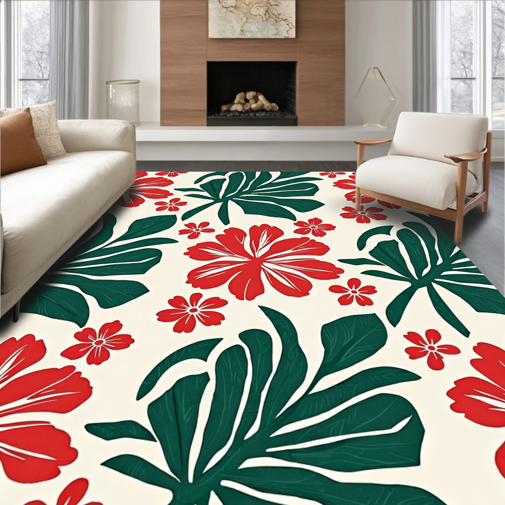 Bold Red Green Tropical Bloom Pattern Rug
