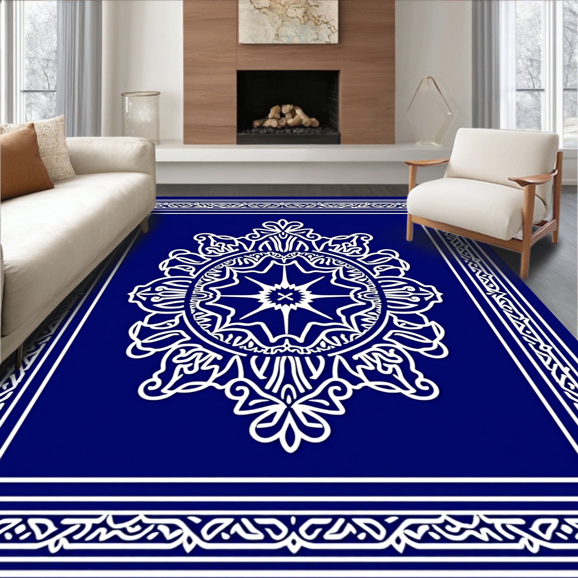 Classic Circular Mandala Blue White Design Rug