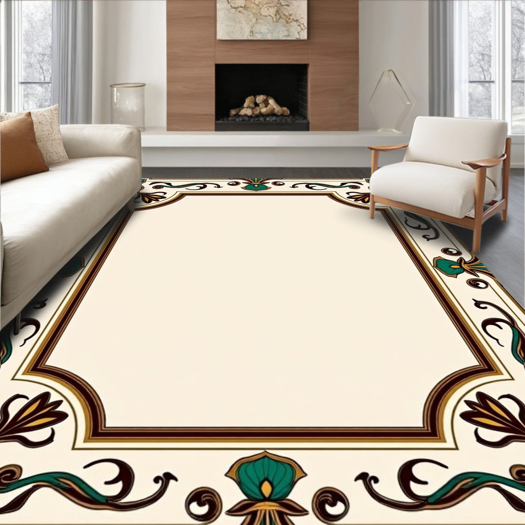 Ornate Floral Geometric Border Design Rug