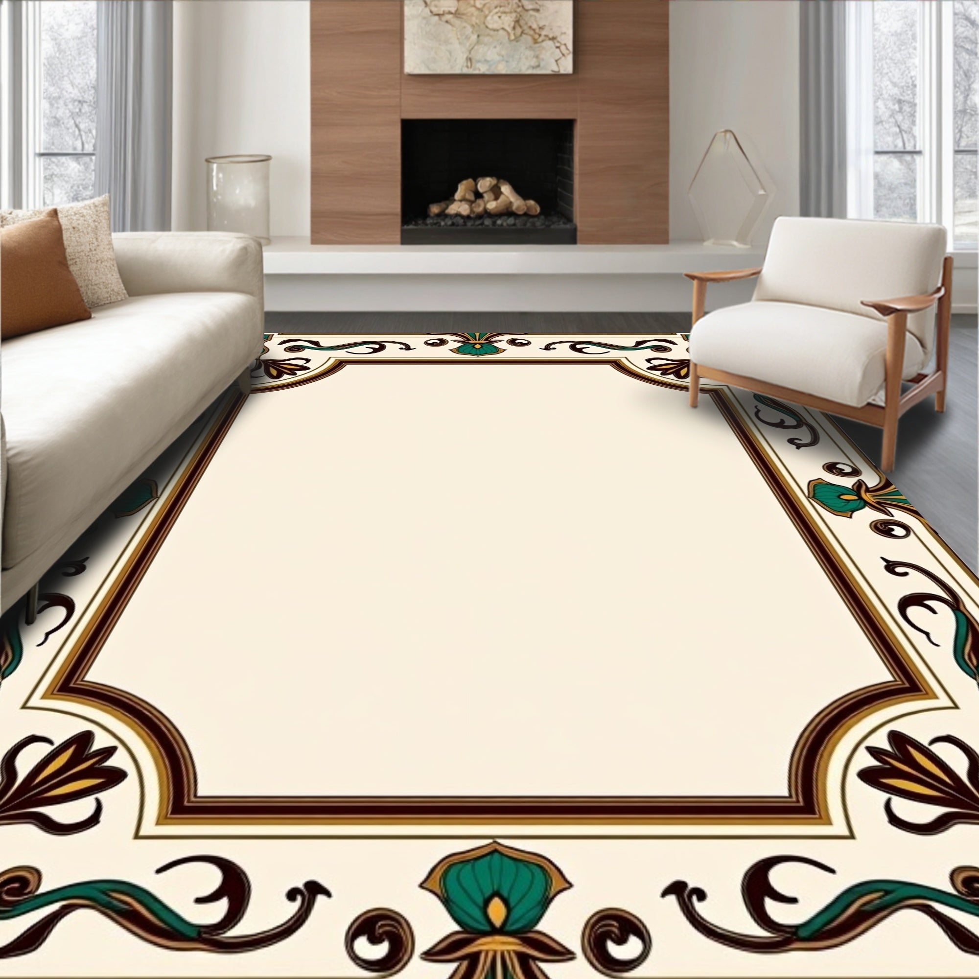 Ornate Floral Geometric Border Design Rug