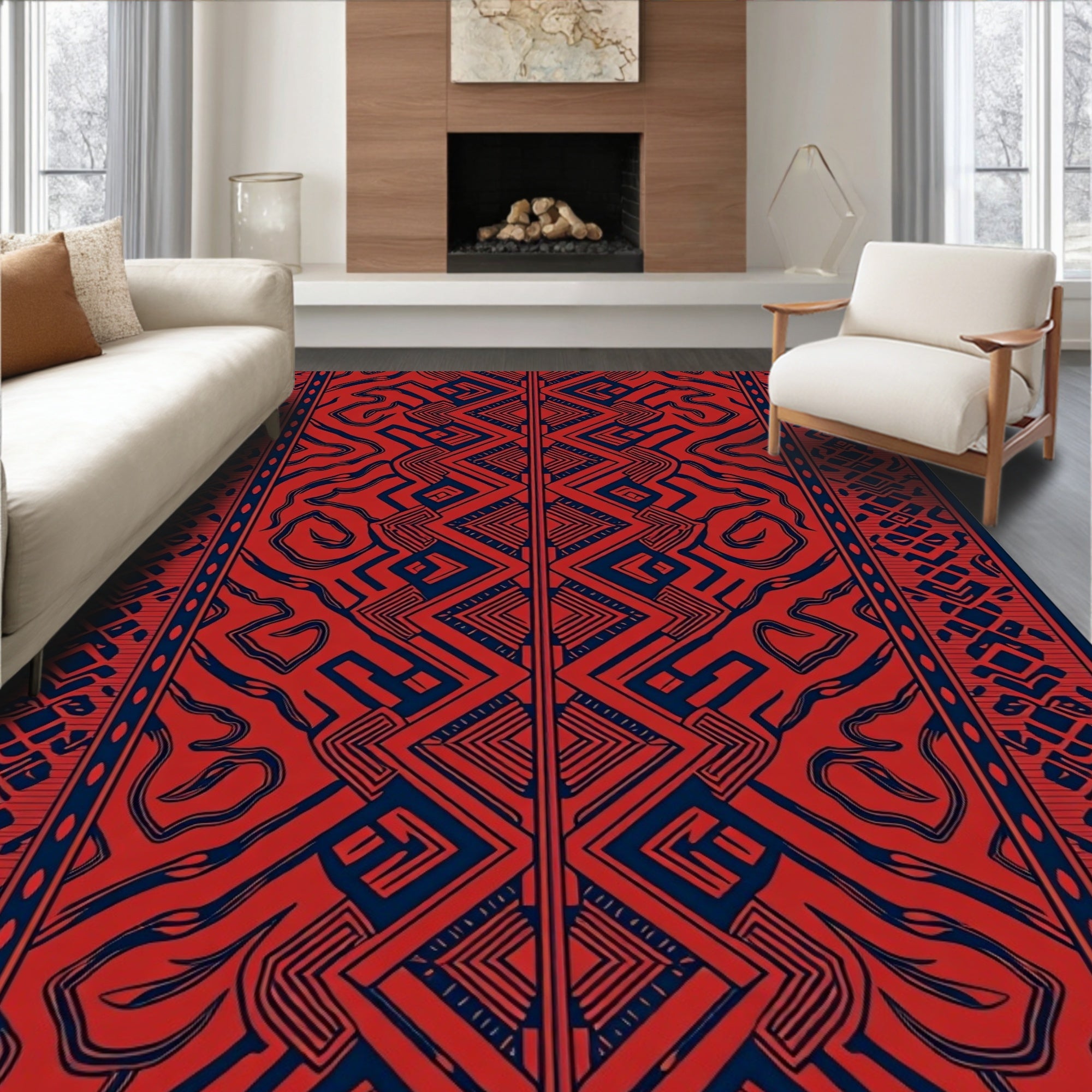 Bold Red and Blue Geometric Tribal Design Rug