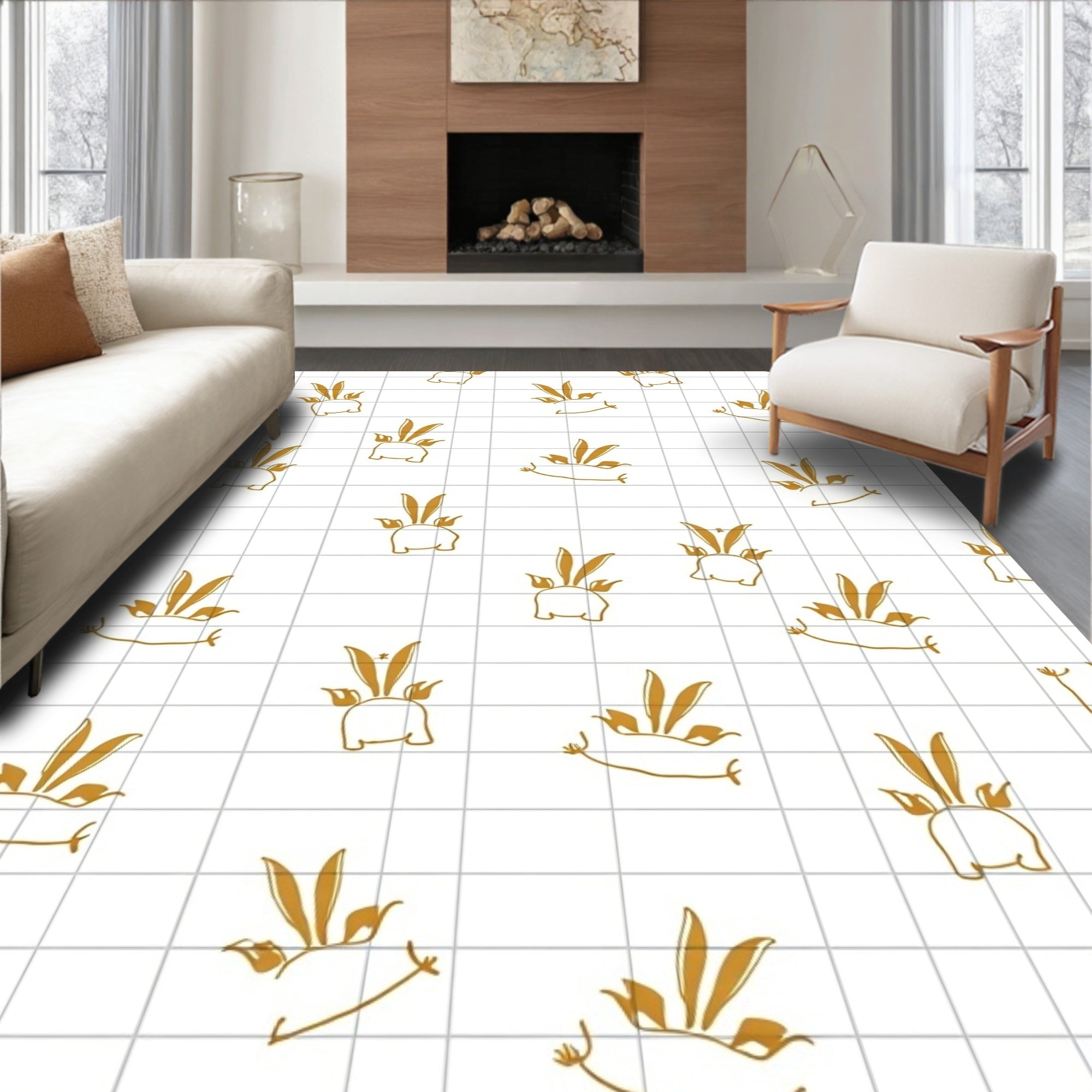 Golden Bunny Whimsical Grid Pattern Rug