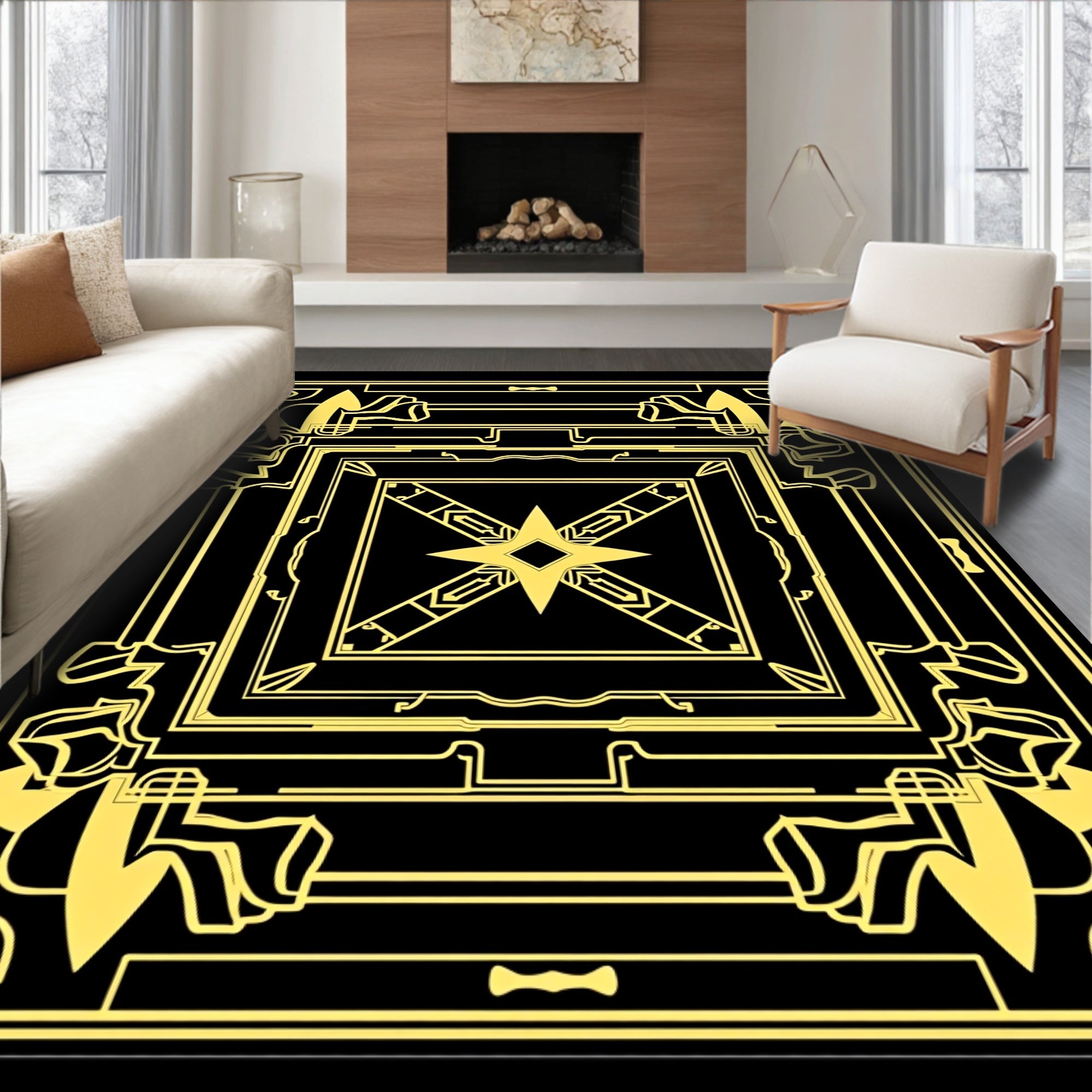 Golden Art Deco Geometric Sunburst Pattern Rug