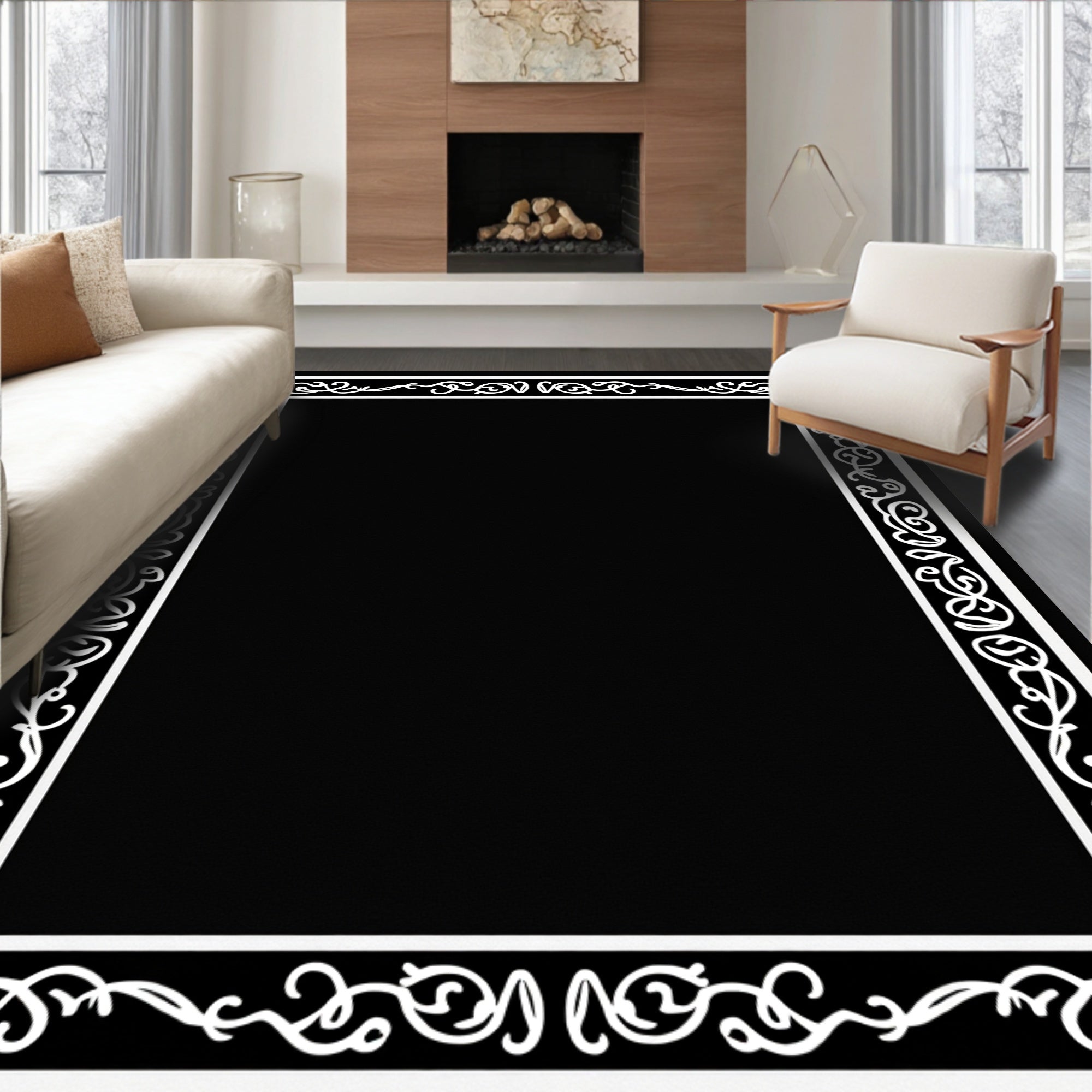 Ornate Black White Scrollwork Design Rug