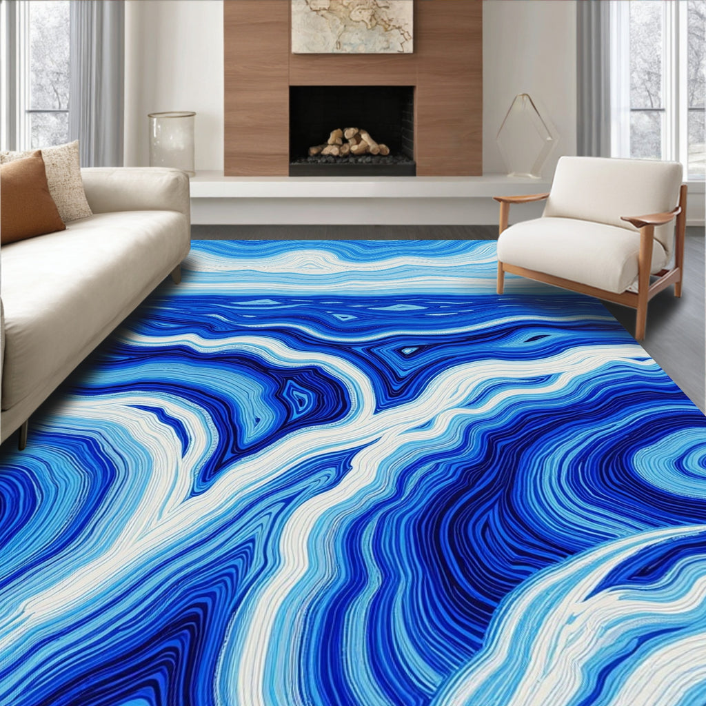 Blue Swirling River Lines Pattern Rug