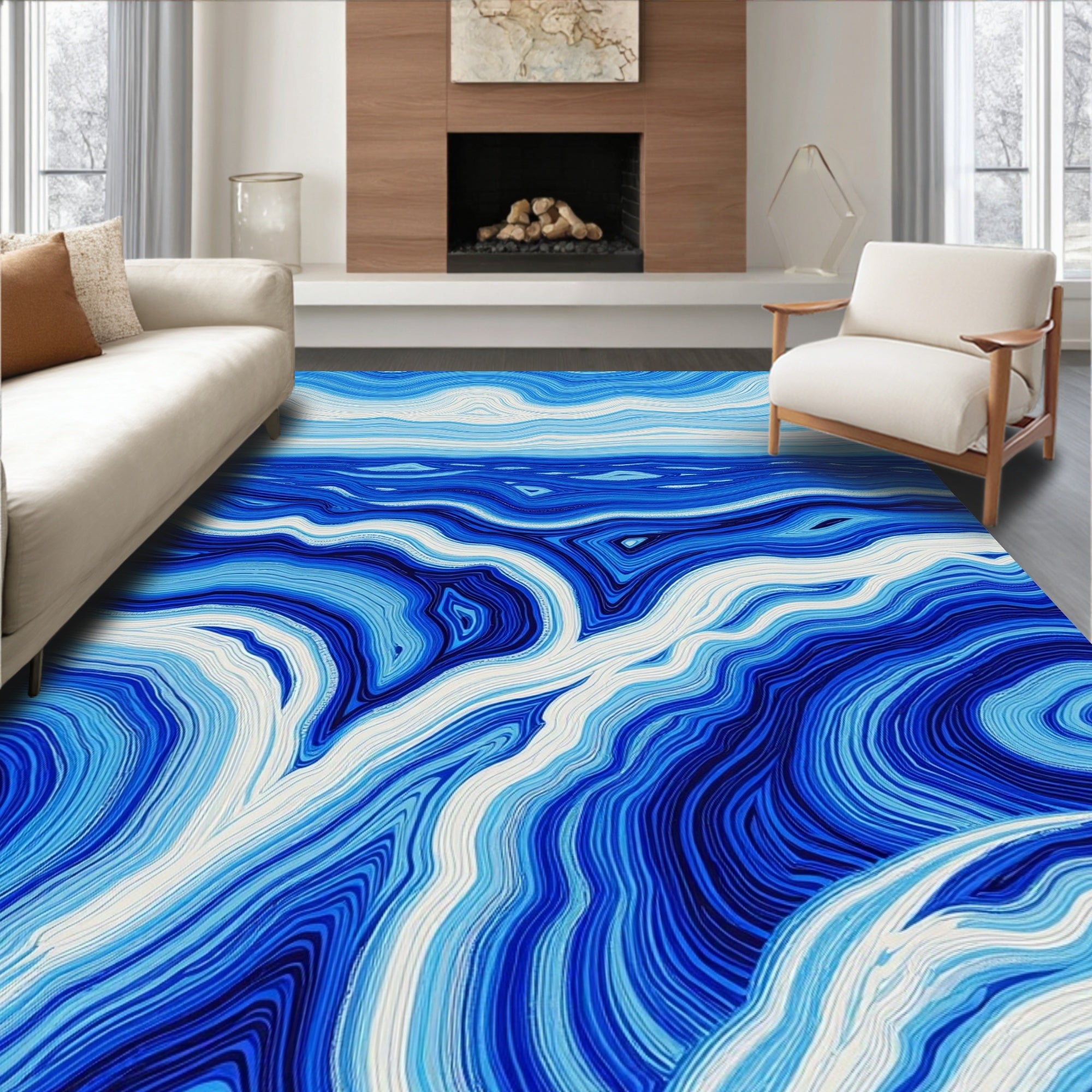 Blue Swirling River Lines Pattern Rug