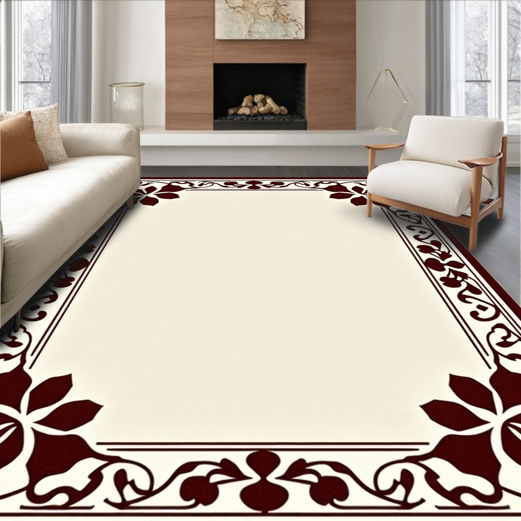 Dark Red Floral Vine Border Rug