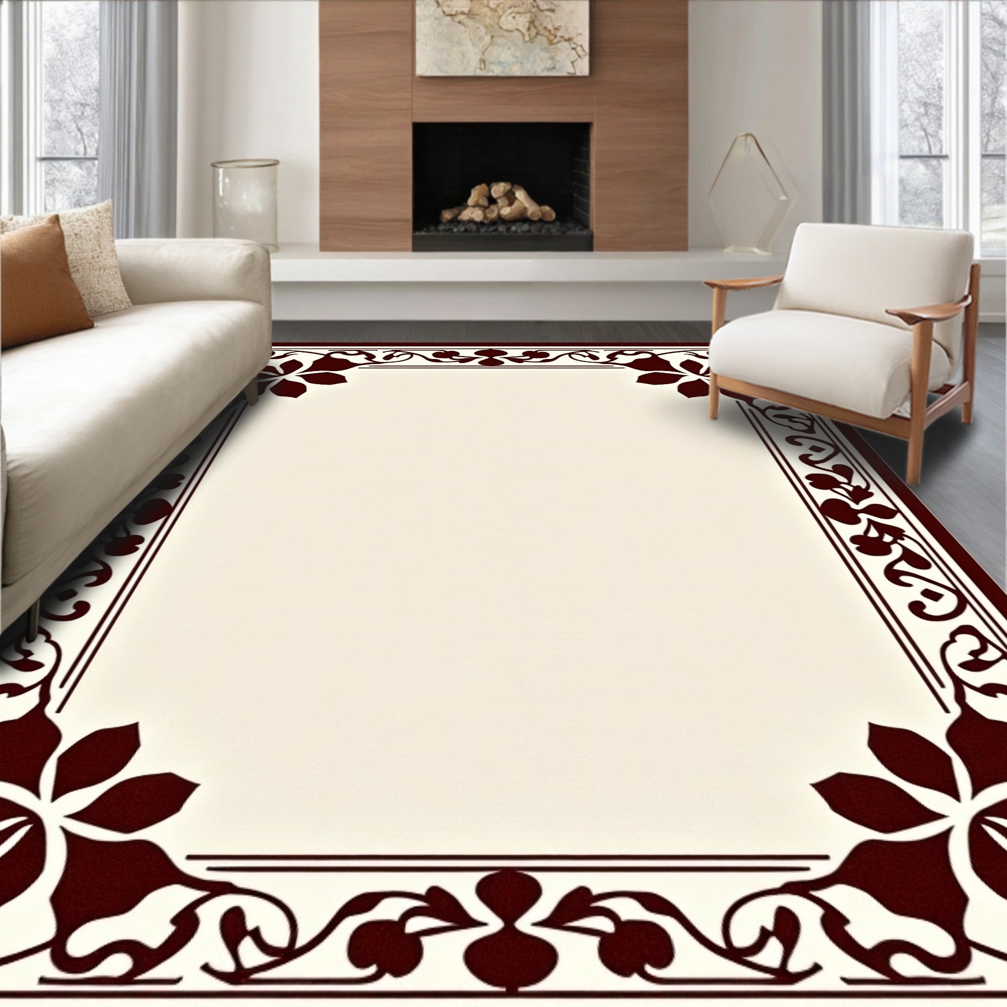 Dark Red Floral Vine Border Rug