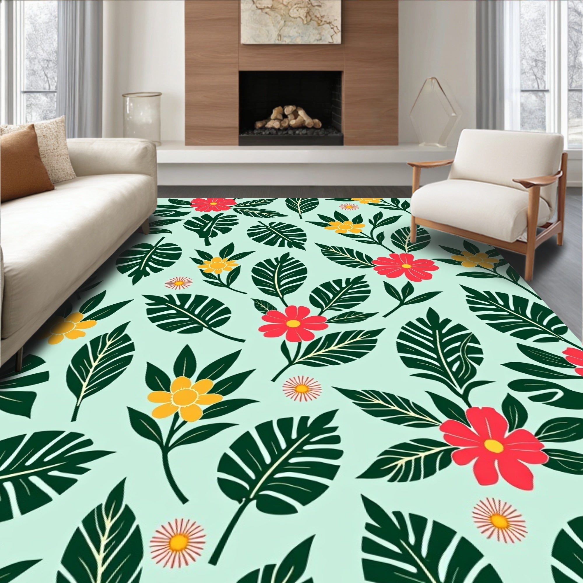 Tropical Leaf and Flower Pattern Rug