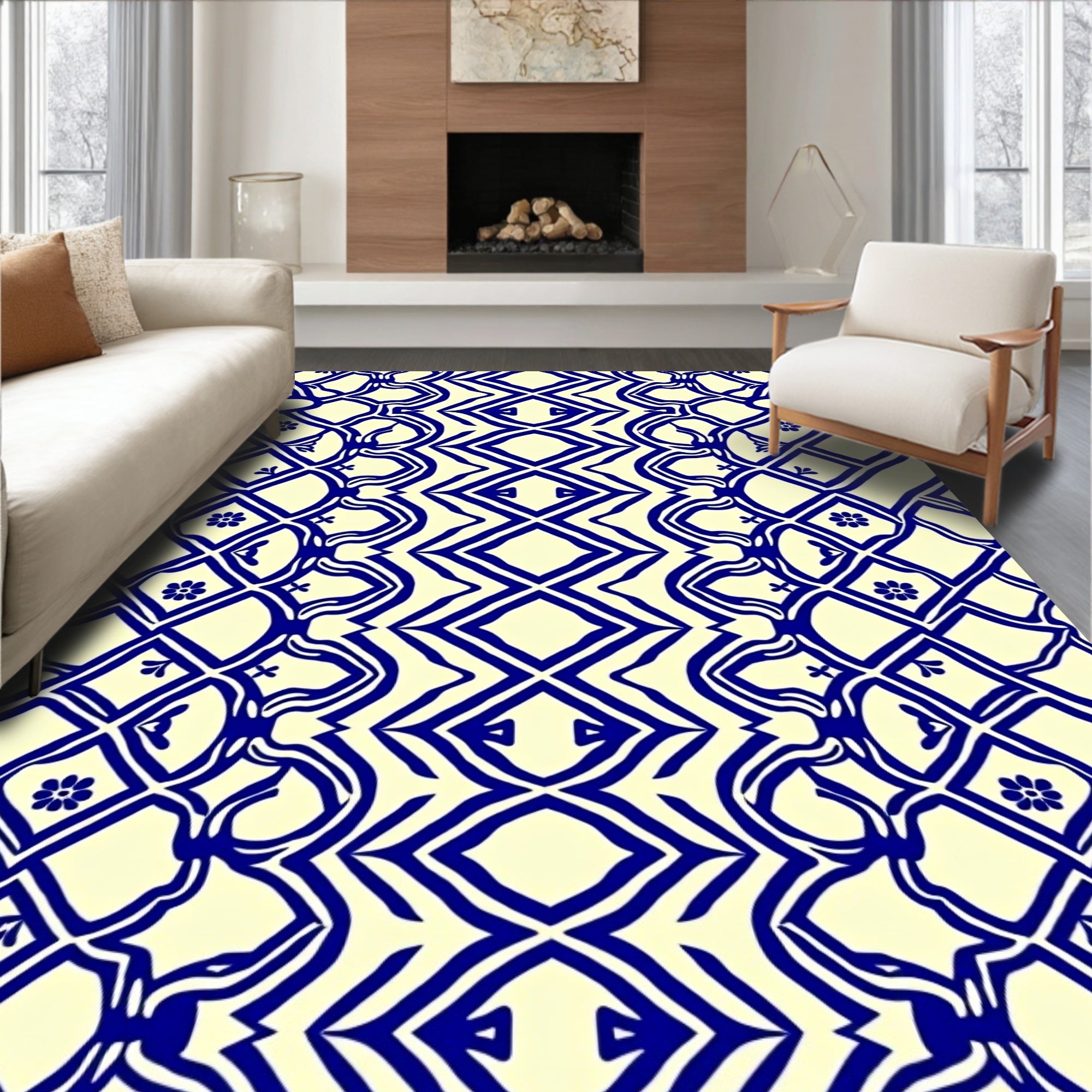 Blue Cream Lattice Floral Design Rug