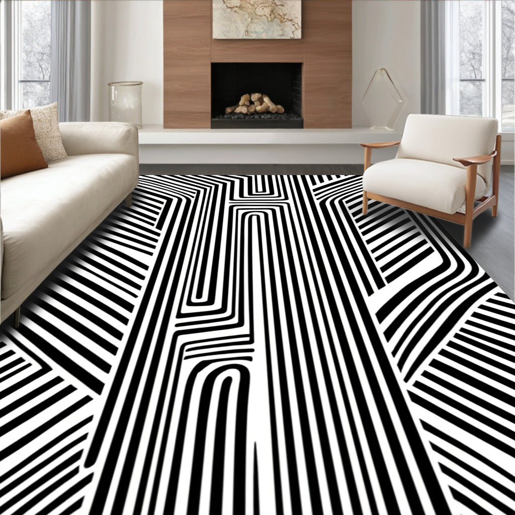 Bold Black White Abstract Maze Rug
