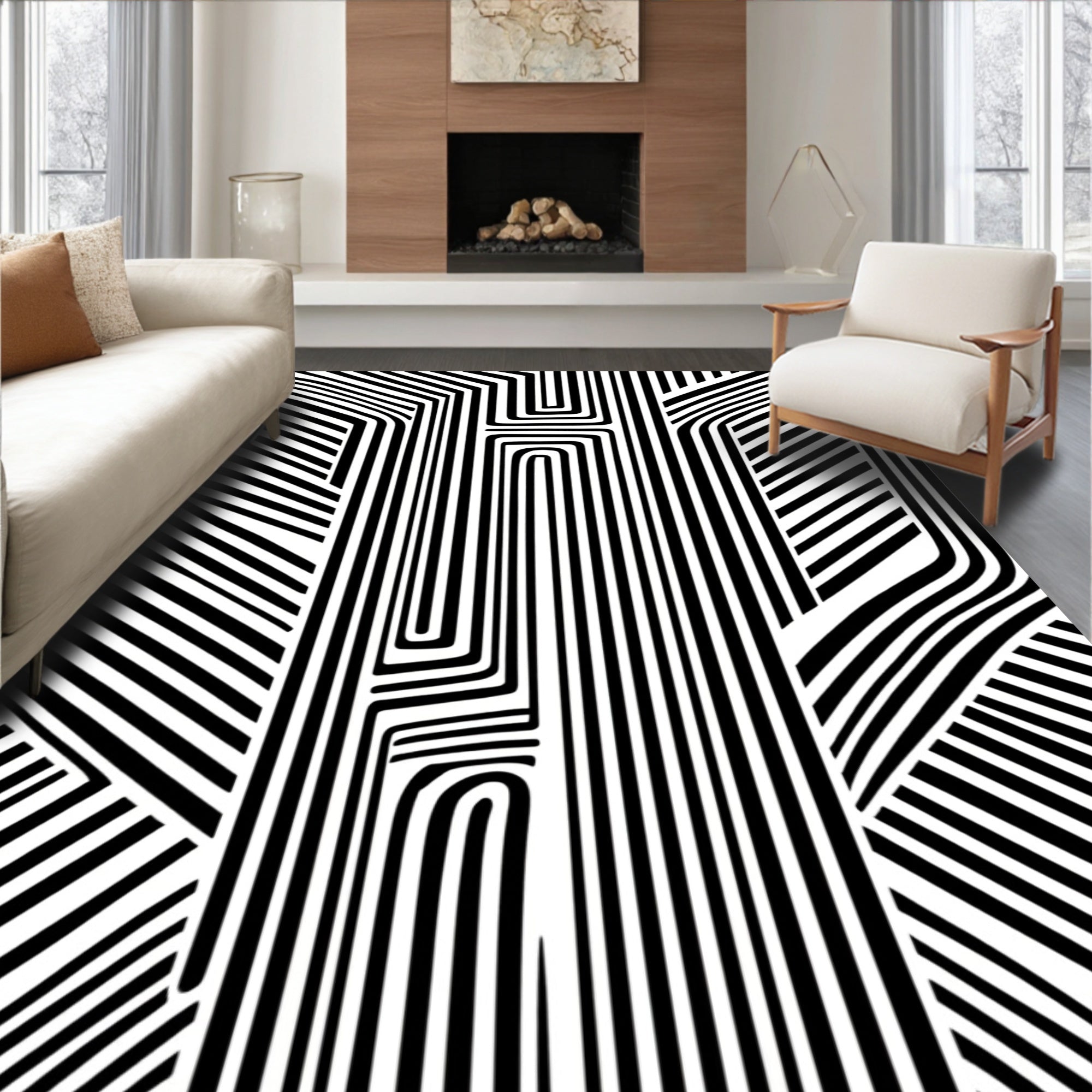 Bold Black White Abstract Maze Rug