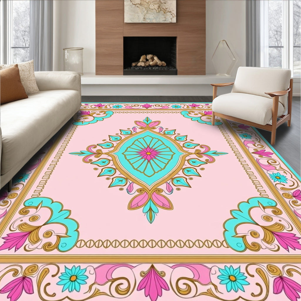 Pink Teal Golden Floral Medallion Rug