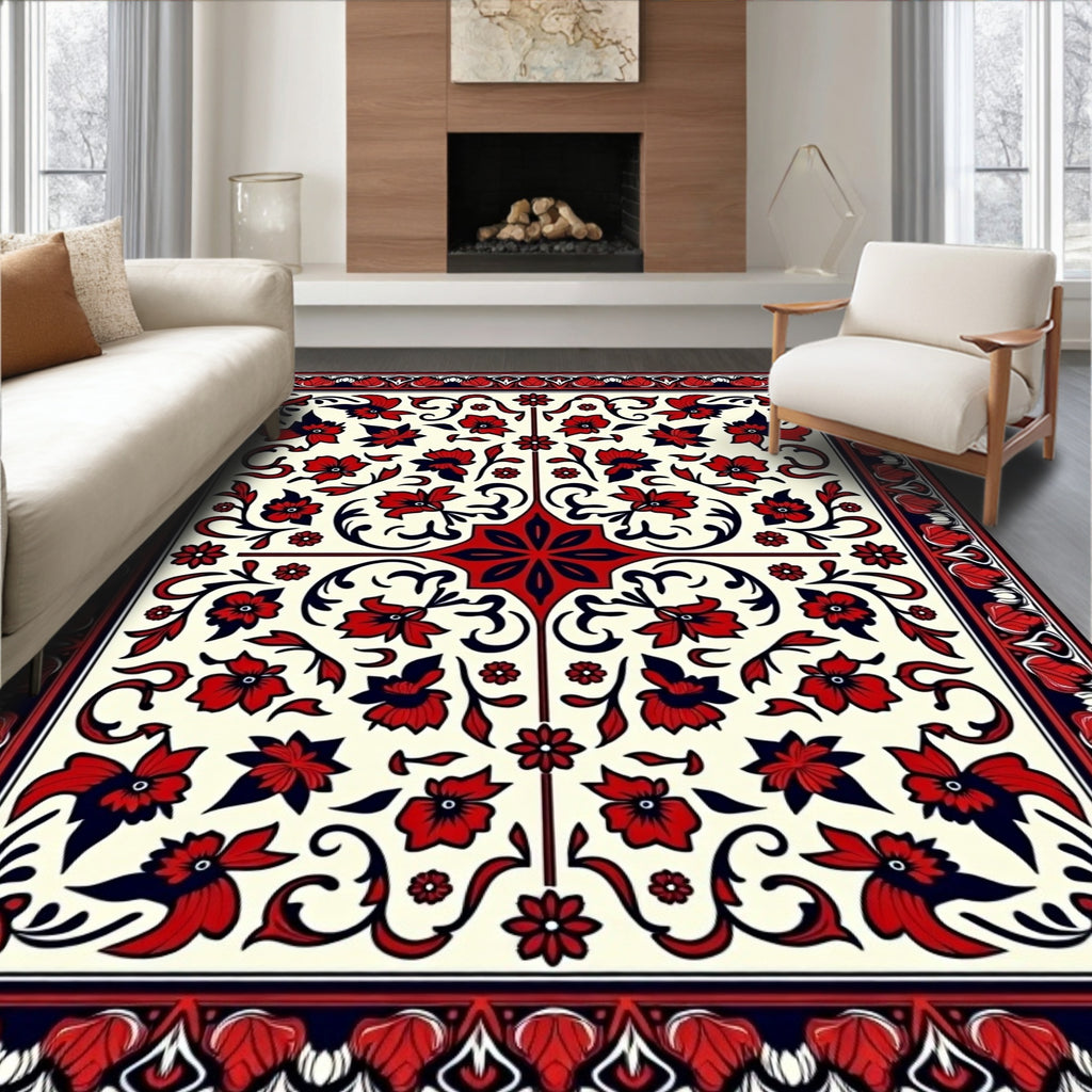 Intricate Floral Swirl Red Navy Rug