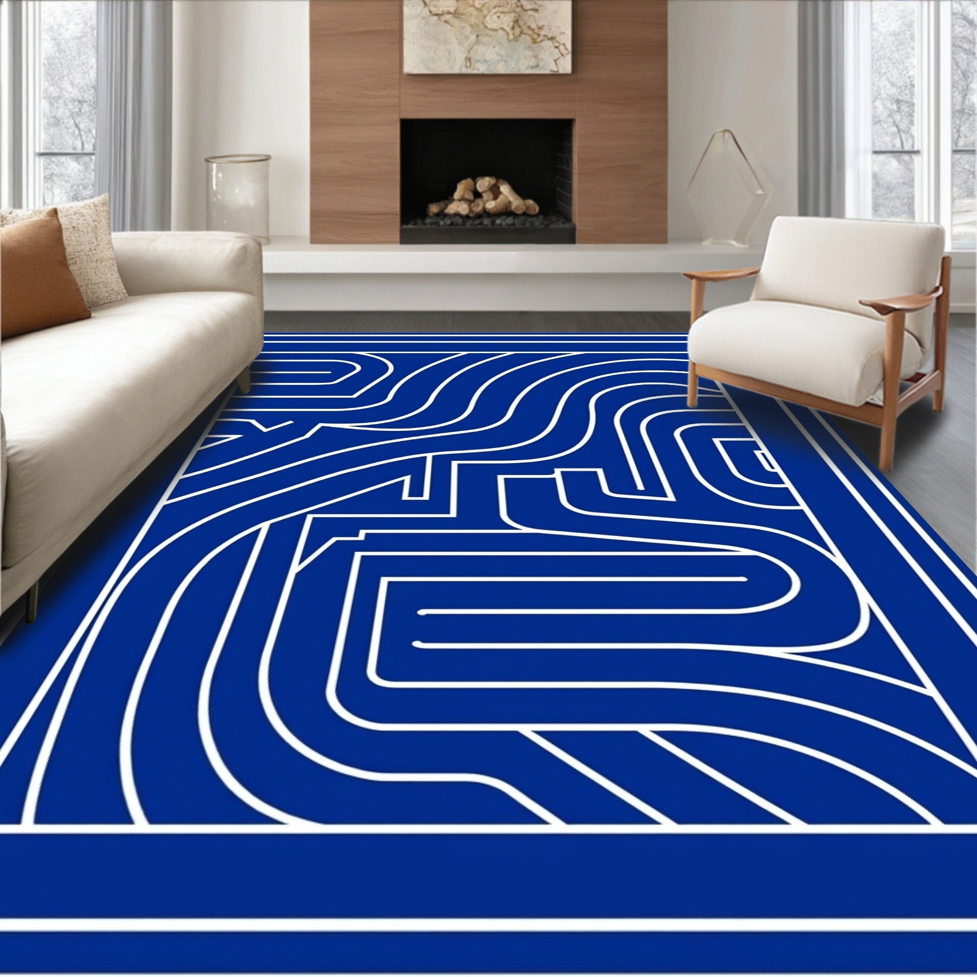 Classic Blue Maze Pattern Design Rug