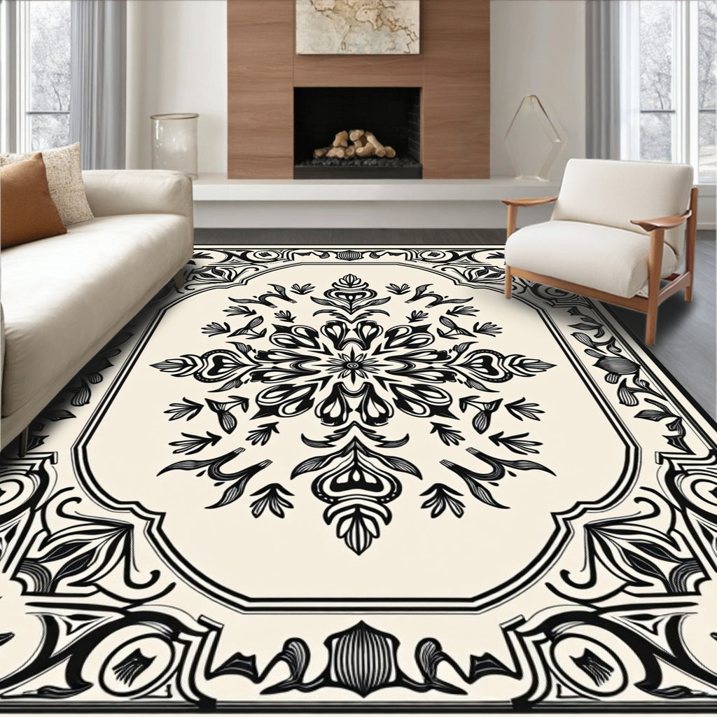 Intricate Black Floral Scroll Medallion Rug