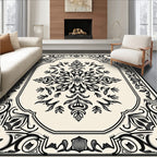 Intricate Black Floral Scroll Medallion Rug