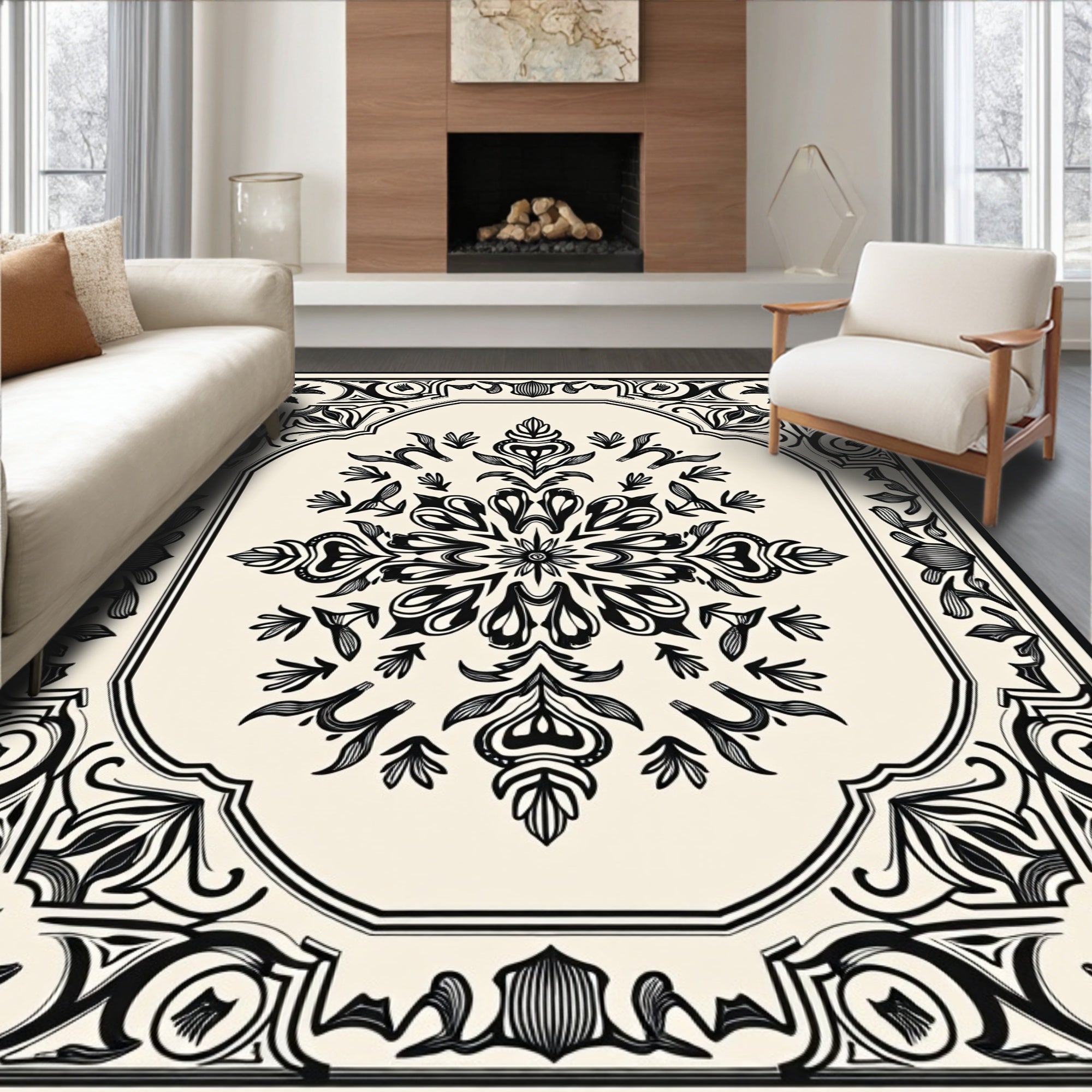 Intricate Black Floral Scroll Medallion Rug