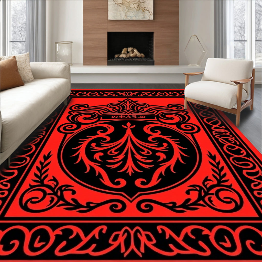 Red and Black Flourish Pattern Rug