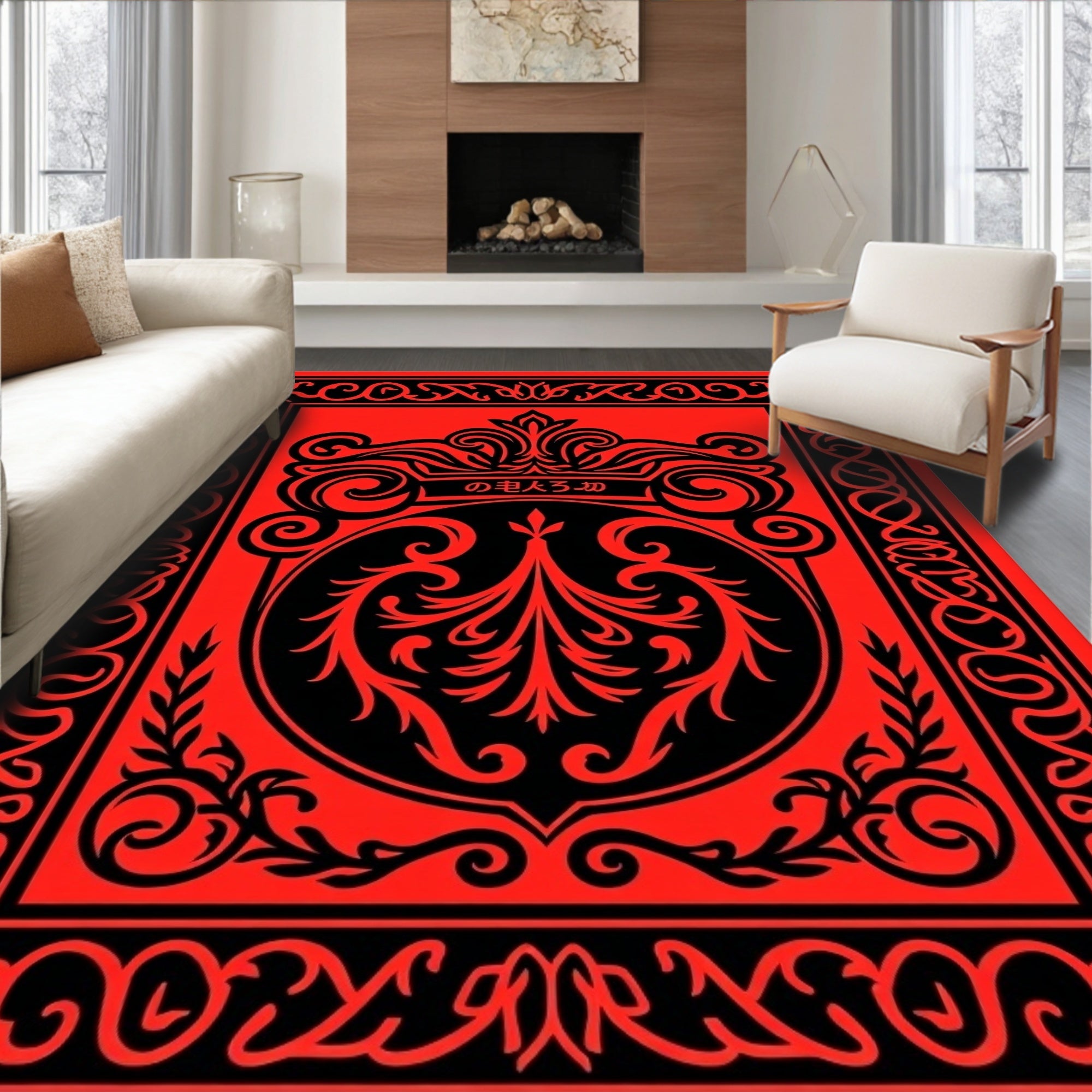 Red and Black Flourish Pattern Rug