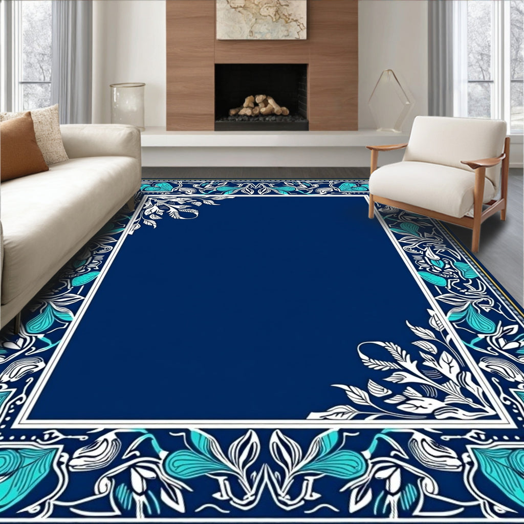 Ornate Teal Floral Vine Border Rug