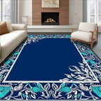 Ornate Teal Floral Vine Border Rug