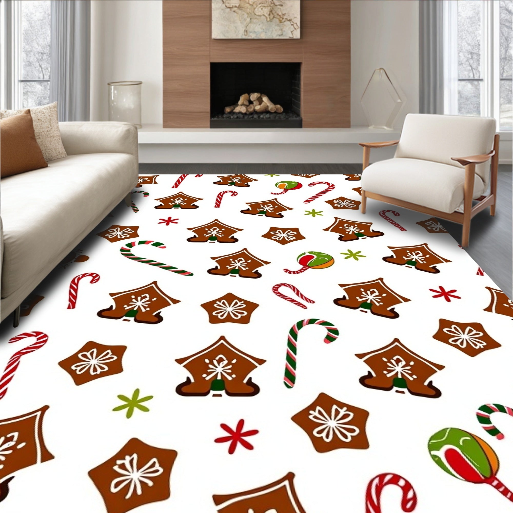 Christmas Gingerbread House Candy Cane Stars Rug