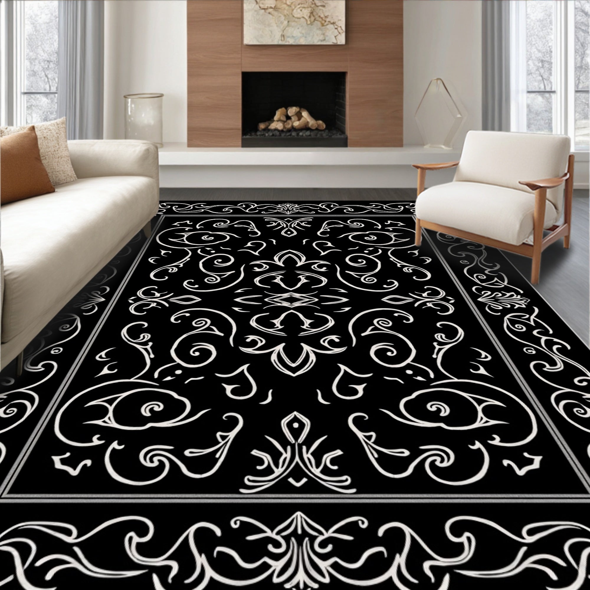 Elaborate Swirls Black White Pattern Rug