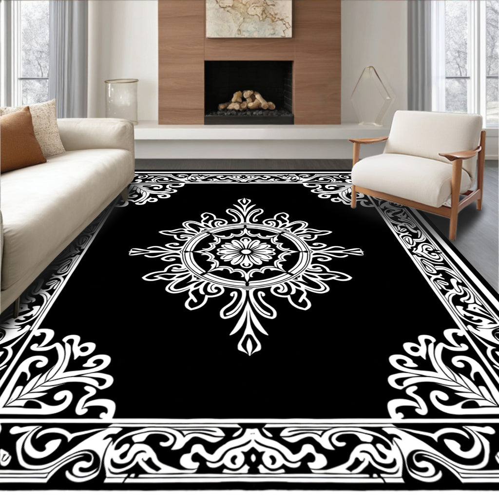 Ornate Black White Floral Mandala Rug