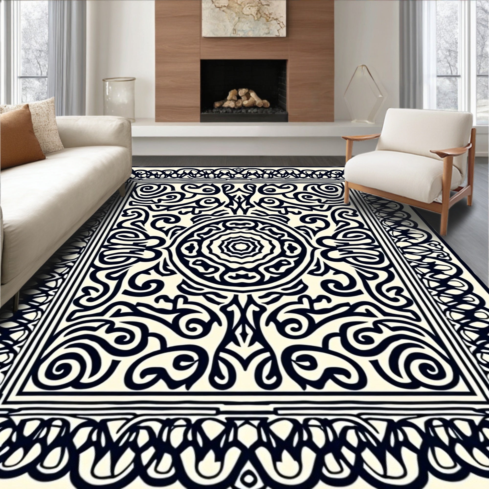 Black Ivory Ornamental Medallion Border Rug
